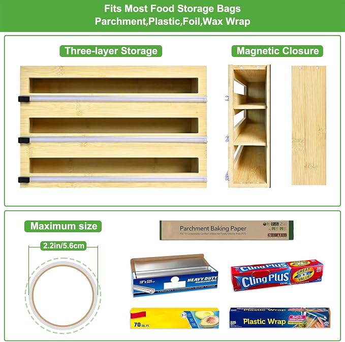 MSJGA Magnetic Plastic Wrap Dispenser with Cutter for Drawer&Refrigerator | 3 in 1 Fridge Bamboo Organizer for Tin Foil, Baking Paper, Wax Paper Holder Kitchen Storage Box Compatible,13" x 8.2" x 2.7" - Image 5