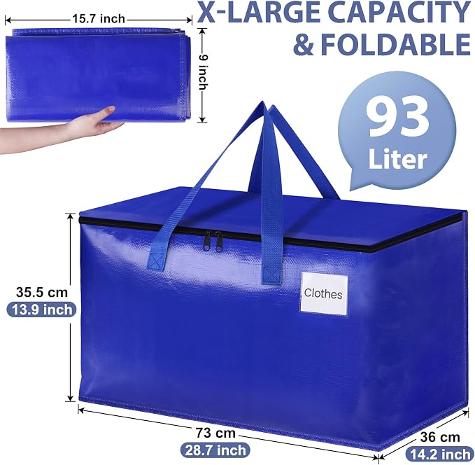 StorageRight Moving Bags, Moving Boxes, 93L 6-Pack Sotrage Bags Totes, Blue | Heavy Duty Storage Bins with Lids, Zipper, Reinforced Handles, Tag Pocket, Foldable Moving Supplies for Collge, Dorm,Travel - Image 2