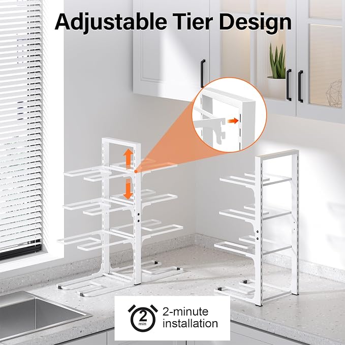 MUDEELA 8-Tier Heavy Duty Pots and Pans Organizer for Cabinet, 20.8"H White | Adjustable heavy-duty pot rack, Holds big stockpots and cookware, Fits under cabinet or on countertops, Easy Assembly - Image 5