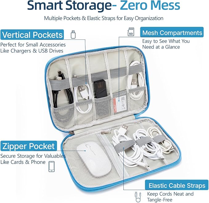 Cable Organizer Bag, Electronics Case for Cords, Chargers & Tech | Organize cables, chargers and power banks with elastic loops, mesh pockets and a slim design for travel. - Image 2