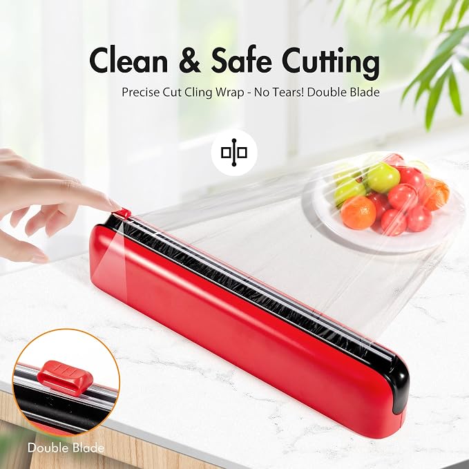 Aluminum Foil & Plastic Wrap Dispenser with Cutter - Easy One-Hand Operation, Space-Saving Kitchen Organizer for Worktops & Cabinets, Magnetic Cling Film Dispenser - Fits 12" Rolls, Red - Image 2
