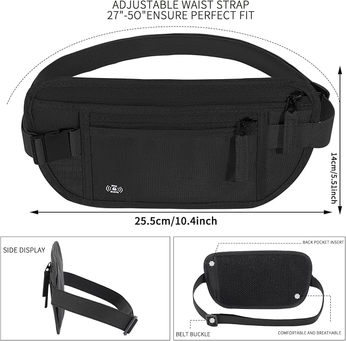 Money Belt for Travel, RFID Blocking, Hidden Money Belt, Passport Holder for Travel (Black) - Image 2
