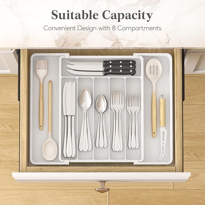 Lifewit Expandable Silverware Drawer Organizer, Kitchen Utensil Tray | BPA-free Plastic Flatware Cutlery Holder, Space-Saving Storage for Spoons Forks Knives, 11-18 x 14 x 1.5“, White - Image 3