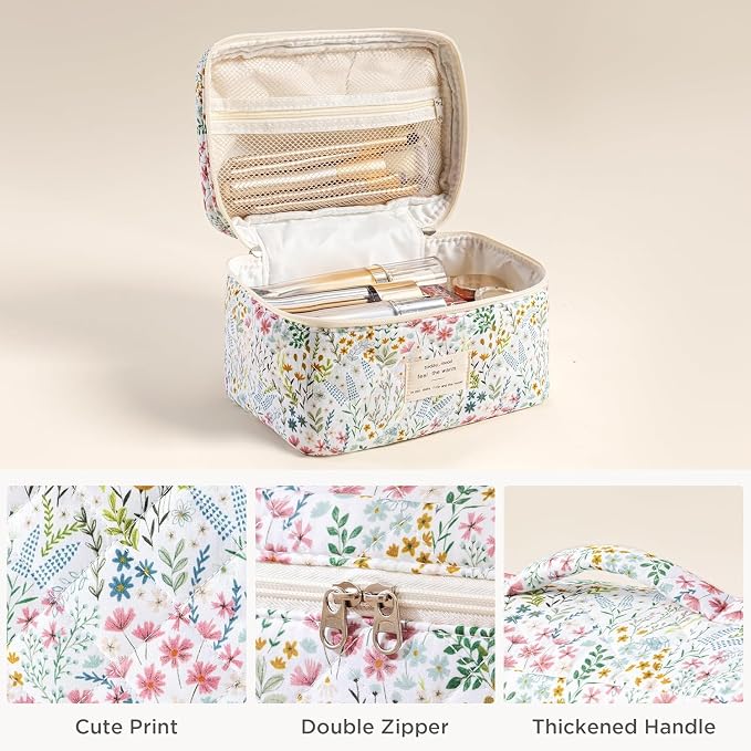 HBselect Quilted Makeup Bag, 3Pcs Cotton Large Travel Makeup Bags Organizer | Cute Floral Make up Bag Cosmetic Bag Toiletry Bag for Women Girls, Makeup Pouch for Skincare, Brushes & Travel Essentials - Image 2
