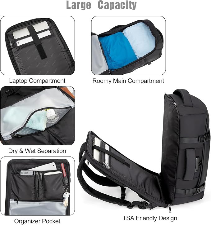 Tzowla 40L Expandable Travel Laptop Backpack for Men Women Carry on Flight Approved,Large Capacity Anti Theft Backpacks with Giant Tumbler Holder Pocket,Personal Item Bag Fit 17.3" Computer（Black - Image 3