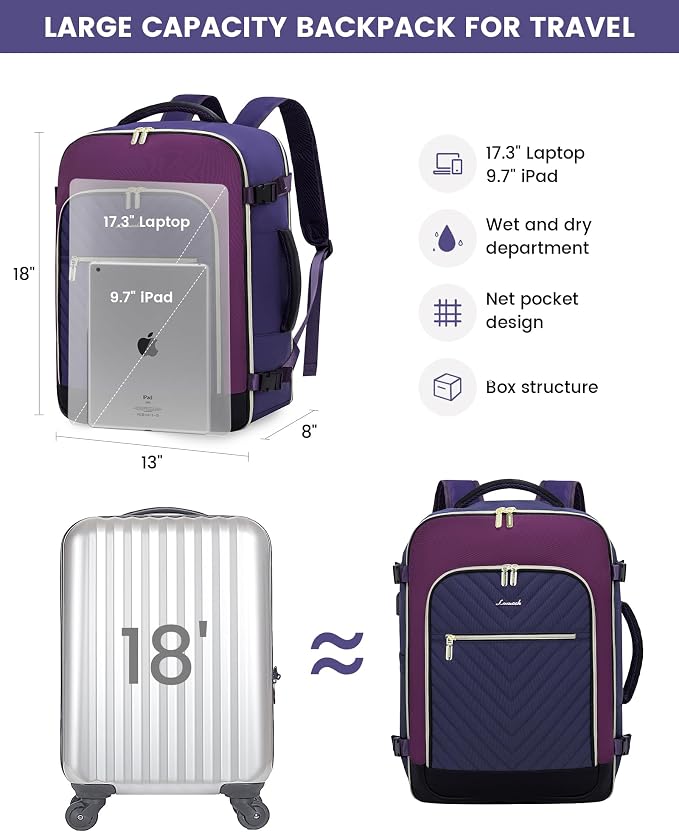 LOVEVOOK Large Travel Backpack for Women, TSA Carry on Backpack for Airplanes, 40L Personal Item Travel Bag for Women fits 17" Laptop,Waterproof Carry on Bag Airplane Approved with 3 Packing Cubes - Image 5