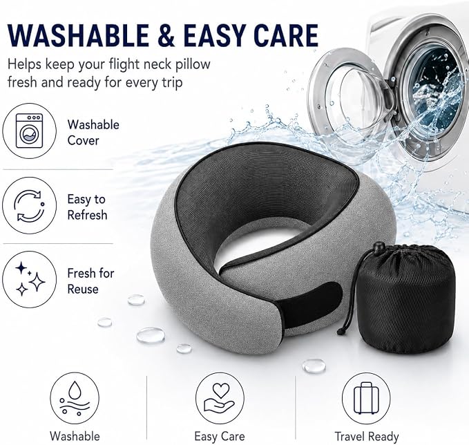 Travel Pillow for Airplane, Memory Foam Neck Pillow for Travel with Chin Support, Washable Cover & Storage Bag, Ergonomic 360° Neck Support for Long Flights, Car, Office, Home, Max Grey - Image 5