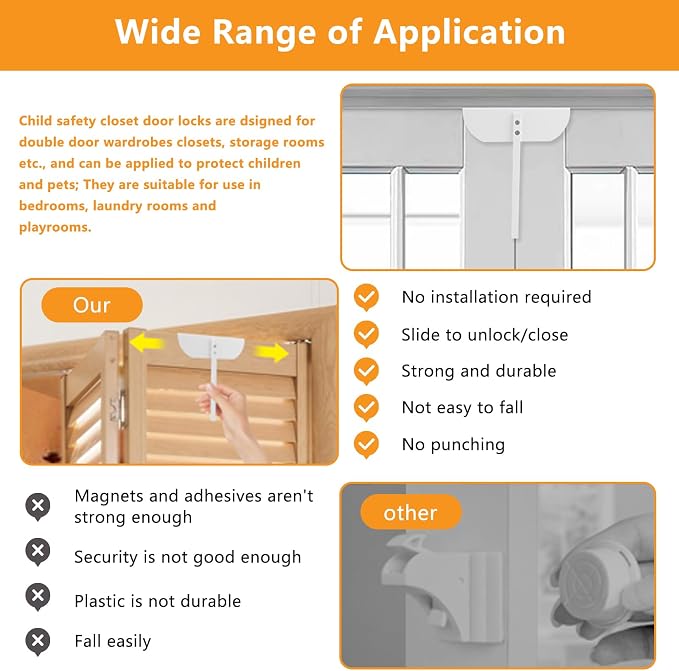Adjustable Metal Bi-fold Door Lock, Keep Safety, White, 1 Pack | Bifold Door Lock Kit for 0.6-2 Inch Thick Doors, Protection Child and Pet Proof Bi-fold Door Lock for Closet Cabinet Pantry - Image 7