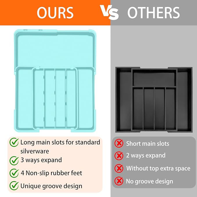 Silverware Organizer - Expandable Silverware Drawer Organizer Adjustable Drawer Organizer, Silverware Tray for Drawer15.2"x 19" Cutlery Drawer Organizer, Kitchen Organizers Storage, Turquoise - Image 6