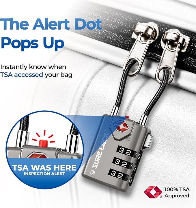 SURE LOCK TSA Approved Luggage Locks with Open Alert Indicator, 3 Digit Combination Cable Travel Lock for Suitcase, Backpack, Gym Locker, Toolbox & Travel Bag(Grey 2 Pack) - Image 3