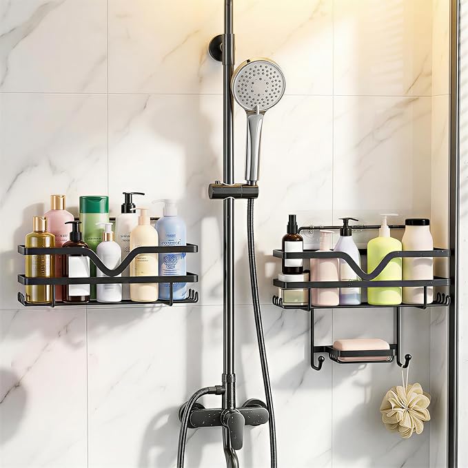 Adhesive Shower Caddy No Drilling Bathroom Organizers, 3 Pack | Self Adhesive Shelf Organizer Rack, Rustproof Shower Storage Rack with Soap Dish, Side Hooks, Large Capacity Bathroom Storage - Image 2