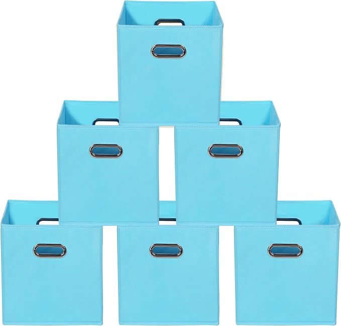 Yunkeeeper storage bins Cubes, Fabric Cube Organizer with Handle, Foldable Cube Bins for Cloth or Accessary Storage, 11x11x11, Set of 6, (Blue by Yunkeeper