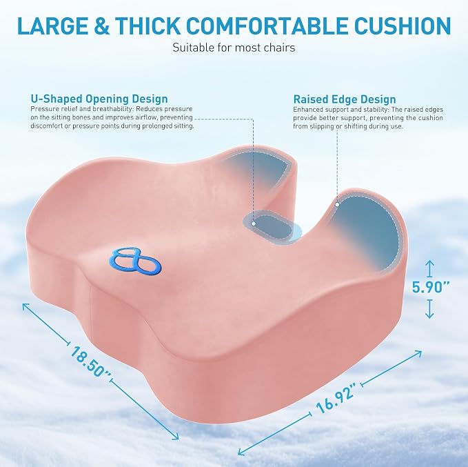 BlissTrends Extra Thick Seat Cushion for Office Chair & Car Seat, Pink | Tailbone & Sciatica Relief, Ergonomic Support, High-Density Memory Foam, Comfort for Extended Sitting - Image 3