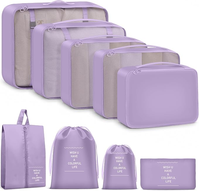 9 Set Packing Cubes for Travel Essentials - Lightweight Carry-On Luggage Organizer Bags with Shoe, Clothes & Laundry Bags for Airplane, Family & Business Travel, Light purple by Unknown