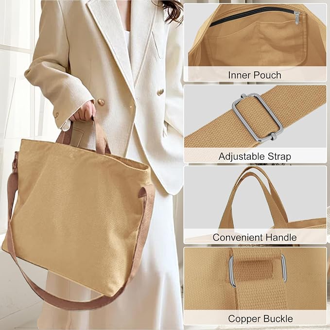 Women's Canvas Tote Bag inside Out Bag with Adjustable Crossbody Strap for Work Travel Shopping Durable Handbag for Men - Image 2