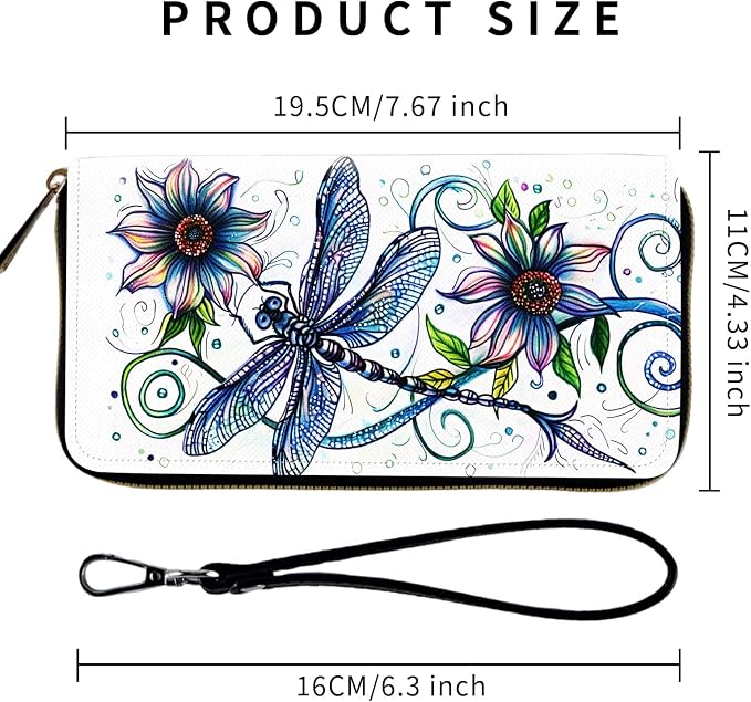 Wallet,Leather Long Wallet Suitable For Ladies And Teenagers - Detachable Wristband + RFID Travel Wallet With Card Slot - Dragonfly with Flowers - Image 2