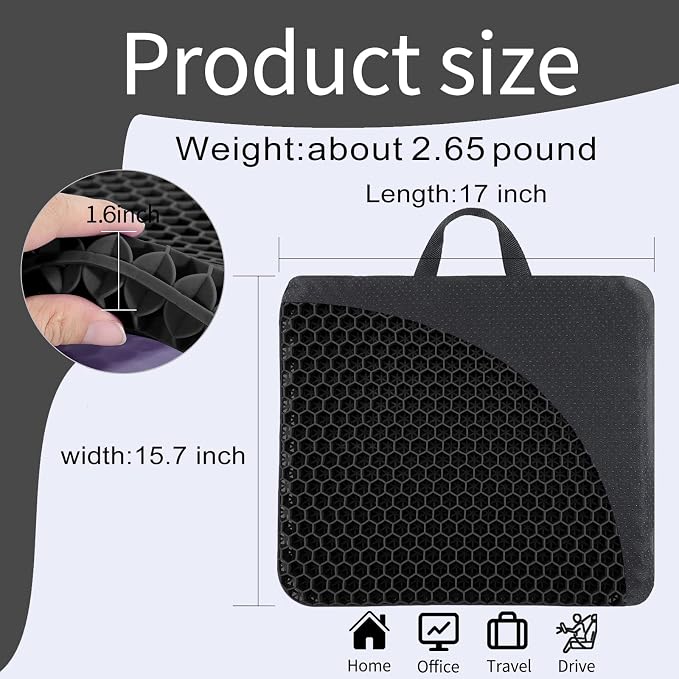 Gel Seat Cushion, for Long Sitting -Double Thick Gel Seat Cushion Breathable Honeycomb Chair Cushion with Non-Slip Cover for Office Chair Car, Wheelchair, Long Trips,Relief Sciatica Pain - Image 2