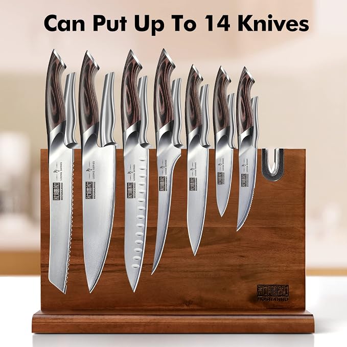 HOSHANHO Magnetic Knife Block 14 x 10", Double Sided Magnetic Knife Holder | Magnetic Knife Storage Stand for Kitchen Counter, Acacia Wood Knife Stand Rack with Knife Sharpener, Kitchen Organizer, Gifts - Image 6
