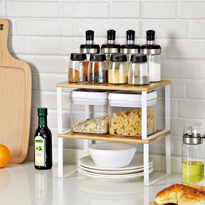 SONGMICS Cabinet Organizer Shelf, Set of 4 Spice Rack, Kitchen Storage | Kitchen Storage, Spice Rack, Steel and Bamboo, White and Yellow, BYSTRO Collection UKCS010N01 - Image 9