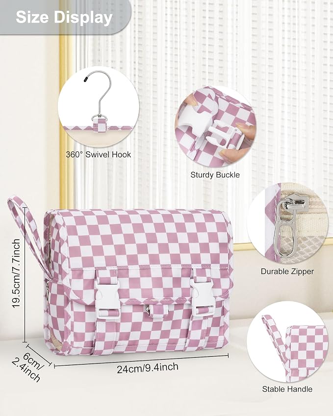 Relavel Small Hanging Toiletry Bag for Women, Portable Hanging Organizer | for Travel-Sized Dopp Kit, Makeup Accessories, Waterproof Toiletries Organizer with 3 Compartments for Outdoor - Plaid Purple - Image 3