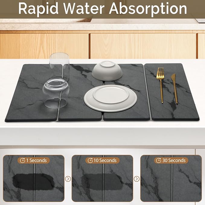 Large Stone Dish Drying Mat for Kitchen Counter, 2 PCS Quick Dry Stone Mats, Foldable Water Absorbing Diatomaceous Earth Drying Dishes Pad for Countertop Bottles Utensils Cup(Dark gray 24"x16"&8"x4") - Image 5