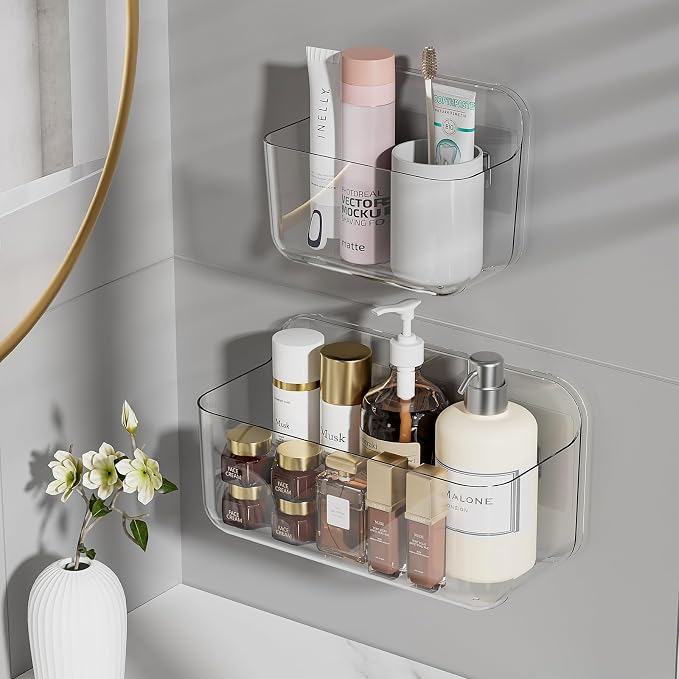 ZEXALOR Wall Mounted Storage Organizer Bins Organizing Shelf Basket Clear Plastic Makeup Organizer Adhesive Hanging Bin Fridge Organizer for Bathroom,Kitchen,Cabinet,Pantry,Countertops (XL+L) - Image 6