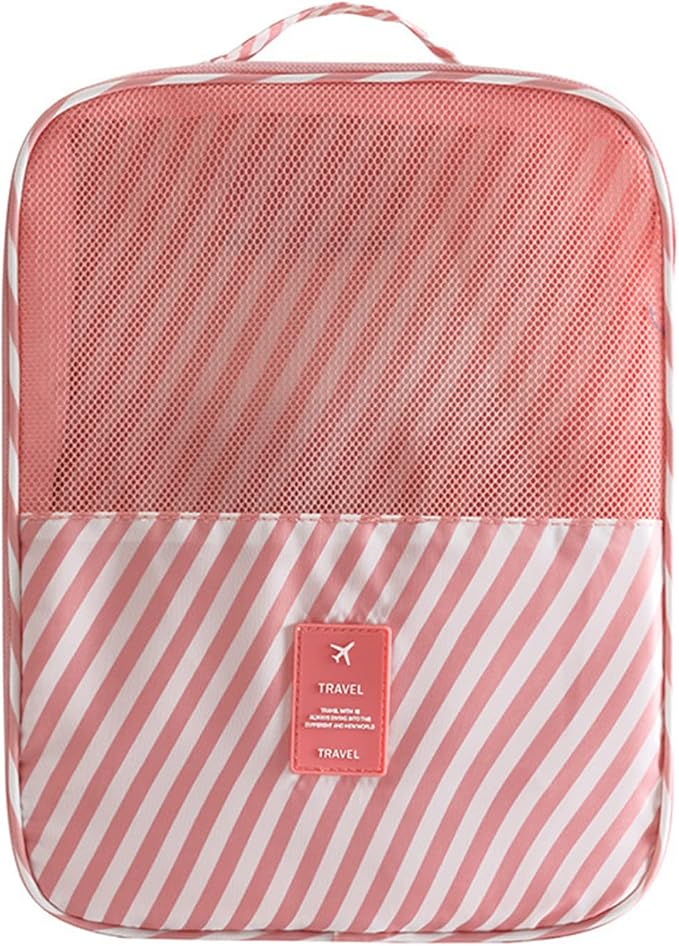Pink Strip Travel Shoe Bag - Holds 3 Pair of Shoes, Travel Essentials Bag for Flying, Accessories Bag by ENETECk
