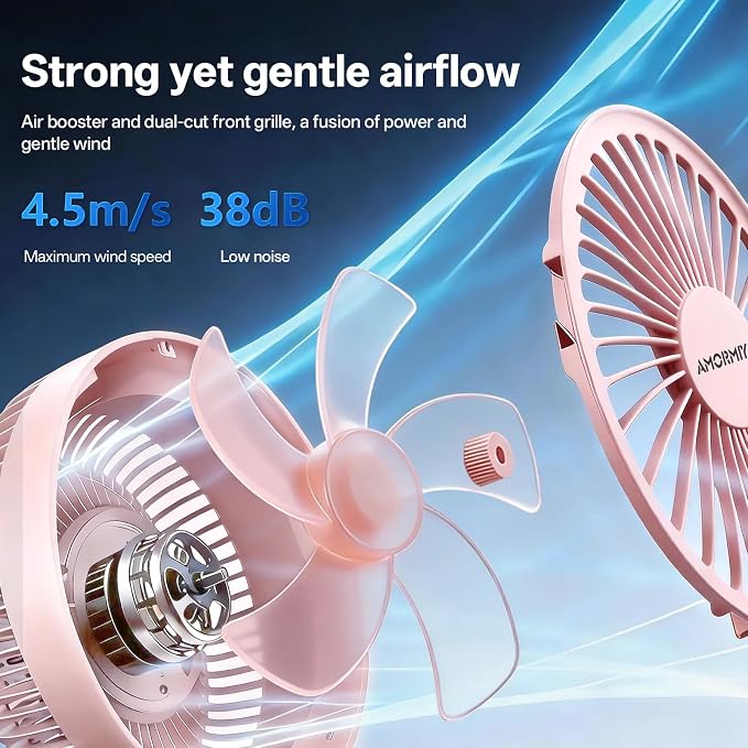 Portable Clip on Fan Rechargeable Mini for Desk Golf Camping Pink | 4000mAh 20H Battery, Quiet Brushless Motor 4.5m/s, One-Click Shutdown, 3 Speeds, Detachable Cover, Type-C Charge, 360° Rotate - Image 5