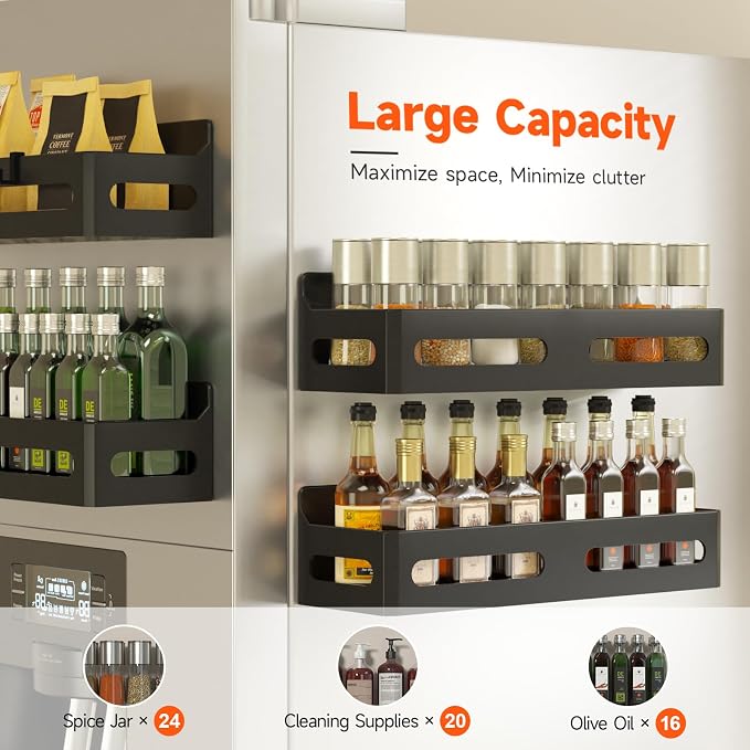 6-Pack Magnetic Spice Rack for Refrigerator with Hooks, Black | Strong multipurpose magnetic shelf for kitchen & bathroom organization. Includes 4 removable hooks for hanging items. - Image 4