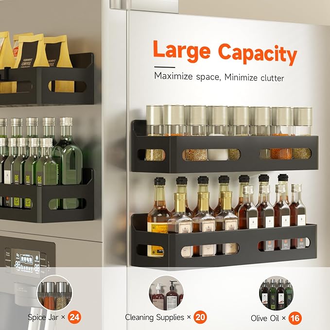 4-Pack Magnetic Spice Rack for Refrigerator with Hooks, Black | Strong multipurpose magnetic shelf for kitchen & bathroom organization. Includes 4 removable hooks for hanging items. - Image 4