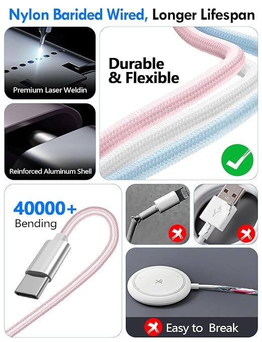 1Pack Travel Essentials for Apple Watch Charger,3-in-2 Multi Charging Cable | Cruise Vacation Camping Essentials for iPhone Charger,Type C/Lightning for iWatch,iPhone 17-12,Xbox Series X&S-4FT Pink - Image 5