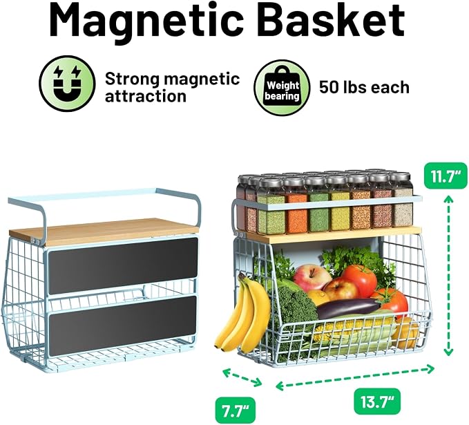 Magnetic Shelf for Fridge with Wood Lid, Fruit Potato and Onion Storage Bins, Pantry Organizers & Storage, Large Container Magnetic Spice Rack for Refrigerator, Kitchen Counter, Cabinet (Blue, 2) - Image 5