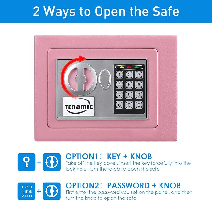 TENAMIC Safe Box 0.23 Cubic Feet Electronic Digital Security Box, Keypad Lock Box Cabinet Safes, Solid Alloy Steel Office Hotel Home Safe, Pink - Image 3