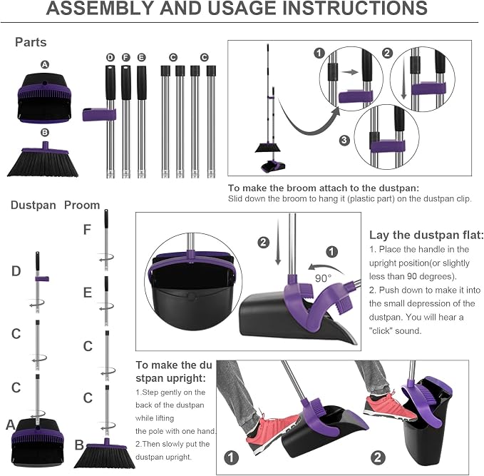 Purple Broom and Dustpan Combo Set, 55" Long Handle Broom | Large Area Outdoor Cleaning, Extended Reach Design, Built-in Comb Dustpan, Foldable Storage for Garage, Patio & Home - Image 6