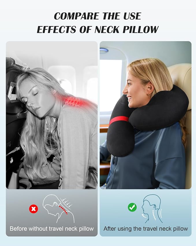 Patented Design Inflatable Travel Neck Pillow – Airplane Neck Pillow with 360° Head & Neck Support, Soft Washable Velvet Cover, Compact Neck Support Pillow for Airplane,Train,Car,Office & Home (Black) - Image 4