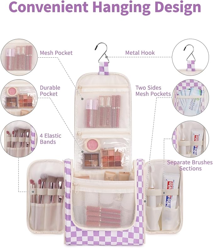 Narwey Checkered Hanging Travel Toiletry Bag for Women, Travel Bag for Toiletries, Makeup Bag Organizer Cosmetic Bags Make Up Bags for Women (Purple Checkerboard) - Image 2