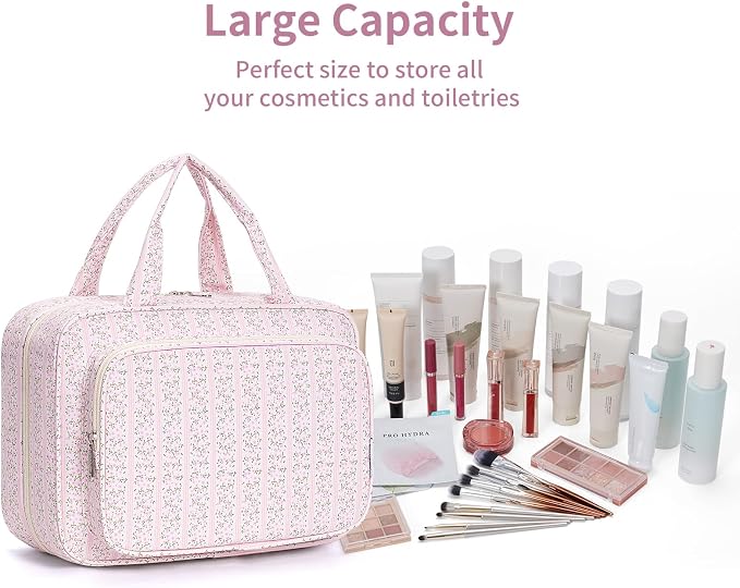 Narwey Travel Toiletry Bag for Women Large Hanging Makeup Bag Organizer Toiletries Bag for Full Size Essentials Accessories Cosmetics (Pink Flower Buds (Large)) - Image 5