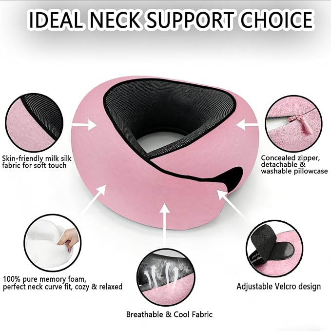 Travel Neck Pillow- 360° Ergonomic Memory Foam Travel Neck Pillow Airplane,Premium Breathable Relief Neck Pain for Long Flights,Car & Office（Pink - Image 3