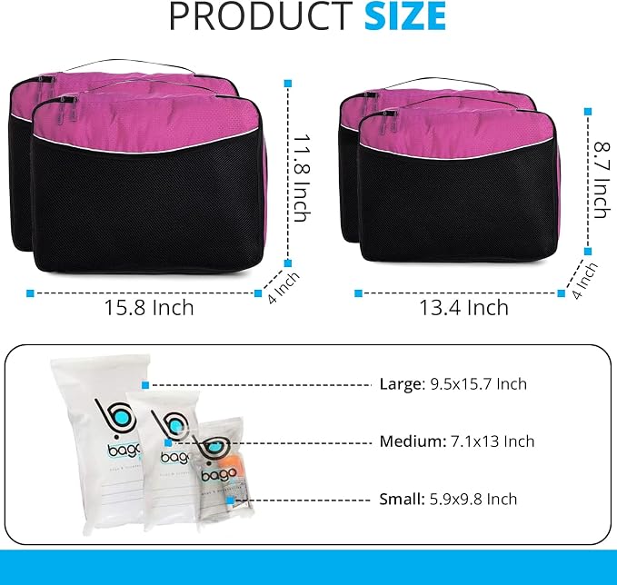bago 7 Pcs Packing Cubes for Suitcases - 4 Travel Cubes with 3 ZipLock Bags - Luggage Organizer Bags to Get Maximum Storage, Save Time & Effort to Pack - Happy Traveling (Pink) - Image 2