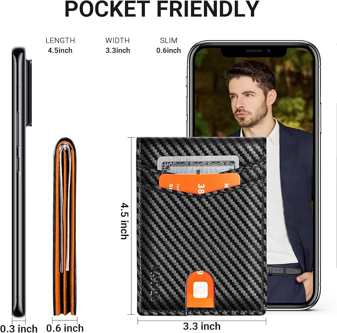 VATAN Wallet for Men Slim RFID Blocking Leather Credit Card Holder Wallet for 15 Cards, Bifold Minimalist Thin Wallet with 2 ID Windows & Cash Slot, With Gift Box (Carbon Black and Orange) - Image 4