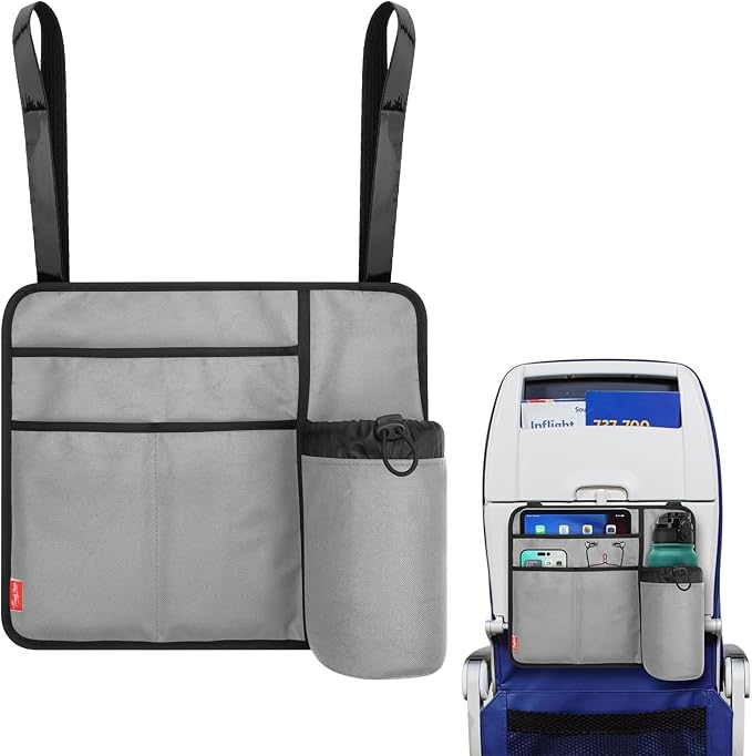 Airplane Seat Back Organizer & Storage, Airplane Tray Table Cover for Personal Items, Airline Seat Hanging Pockets Media Pouch,Reusable Travel Essentials,Fits Tablets,Cell Phone,Water Bottle (Grey) by Homakover
