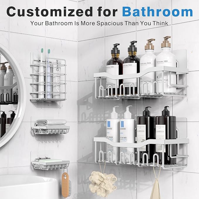 Shower Caddy 5 Pack,Adhesive Shower Organizer for Bathroom Storage&Home Decor&Kitchen,No Drilling,Large Capacity,Rustproof Stainless Steel Bathroom Organizer,Shower Shelves for Inside Shower-Larger - Image 2