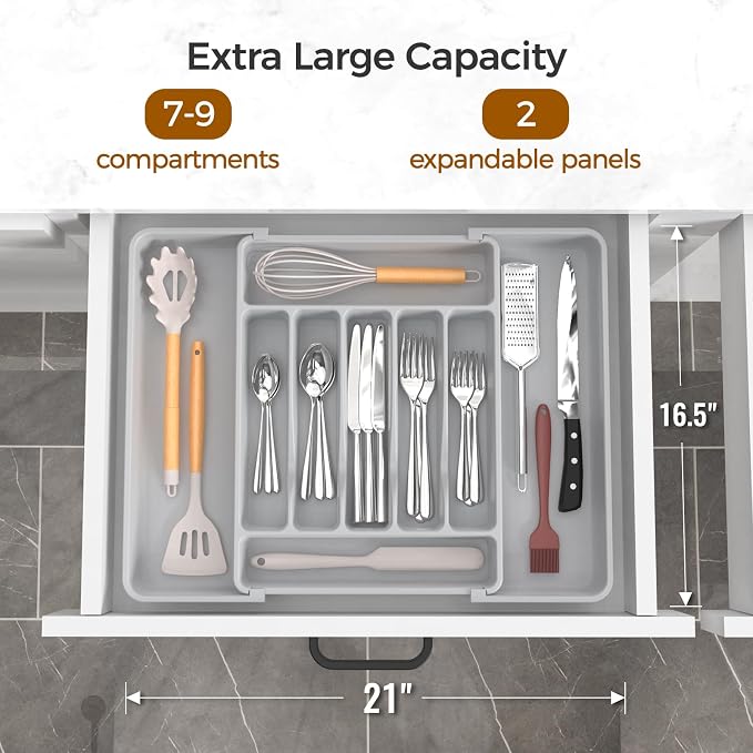 ukeetap Extra Large Expandable Silverware Organizer, Flatware Tray,Gray | BPA-Free Food-Safe Kitchen Utensil Cutlery Drawer Organizer, Adjustable Silverware Holder for Spoons Forks Knives - Image 2