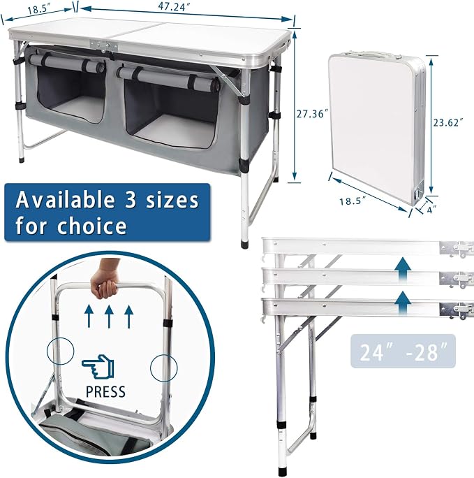 CampLand Outdoor Folding Table Aluminum Lightweight Height Adjustable with Storage Organizer for BBQ, Party, Camping - Image 3