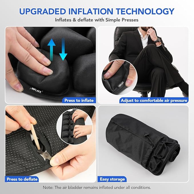 34 Air Cell Self-Inflating Seat Cushion, 3D Air Bubble Design for Tailbone Pain & Hemorrhoid Relief, Pressure Relief Cushion for Office Chair, Car, Wheelchair, Airplane Travel, Home (No Pump Needed) - Image 9
