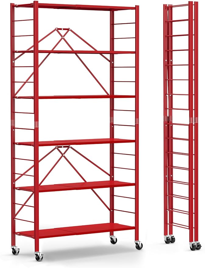 Himix 6-Tier Expandable Storage Shelves Wheels Foldable Shelf Garage Red | Folding shelving units, Metal collapsible organization, Changeable into 2 shelf units, Adjustable, Basement, Holds 3600 Ibs by Himix