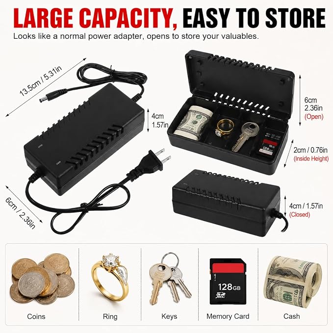 Homoyoyo Fake Charger Hidden Money Box Discreet Storage Safe Security Wall Plug Diversion with Storage Hiding Places for Coins Cash Jewelry Card Coins Travel Home Diversion Safes and Containers - Image 3