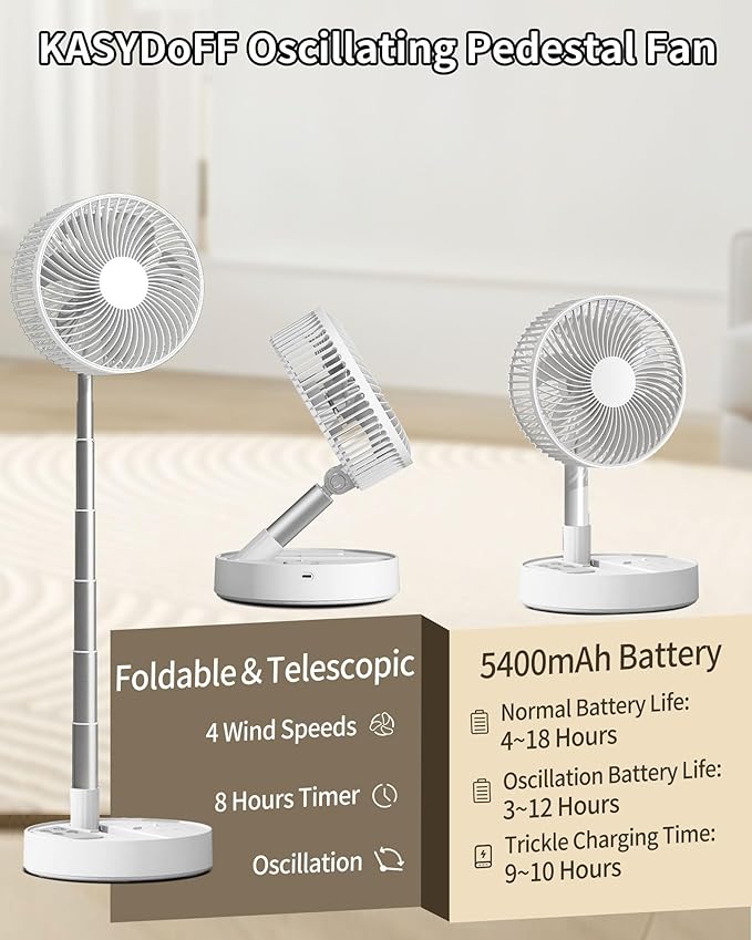 Portable Fan, 31'' Oscillating Standing Floor Fan, 5400mAh Battery Powered Foldable Desk Fan with 4 Speeds＆8H Timer, Personal Floor Fan for Bedroom, Small Travel Fan for Outdoor - Image 2
