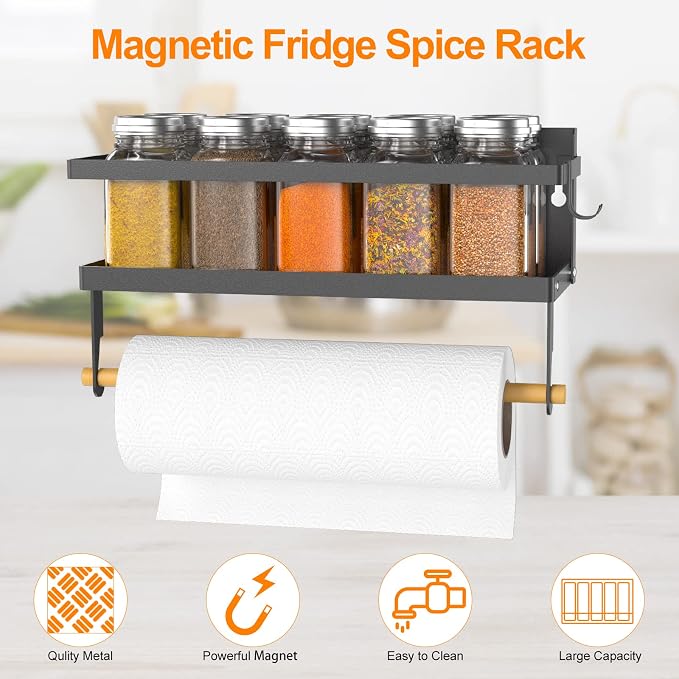 Spice Rack Magnetic Shelf, Foldable Refrigerator Magnetic Spice Holder, Wall Mounted Seasoning Organizer Hanging Spice Storage Stand with Paper Towel Holder Roll & Hooks - Image 2