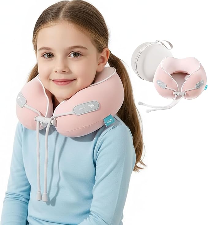Kids Travel Pillow - Memory Foam Soft Airplane Neck Pillow for Head Neck Support,Compact Design with Hard Case,for Airplane,Car,Home Recliner,or Toddler Travel Support (Kids Pillow-Pink) by Povinmos